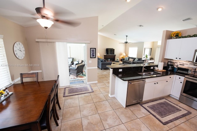 kitchen featuring vaulted ceiling, appliances with stainless steel finishes, sink, ceiling fan, and decorative backsplash