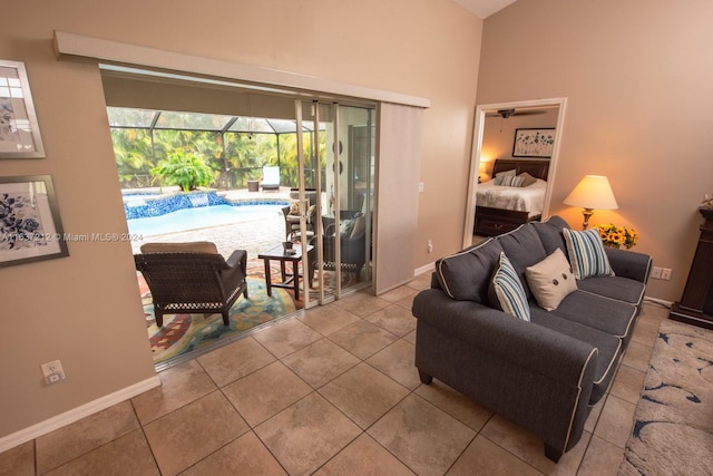 tiled living room with vaulted ceiling