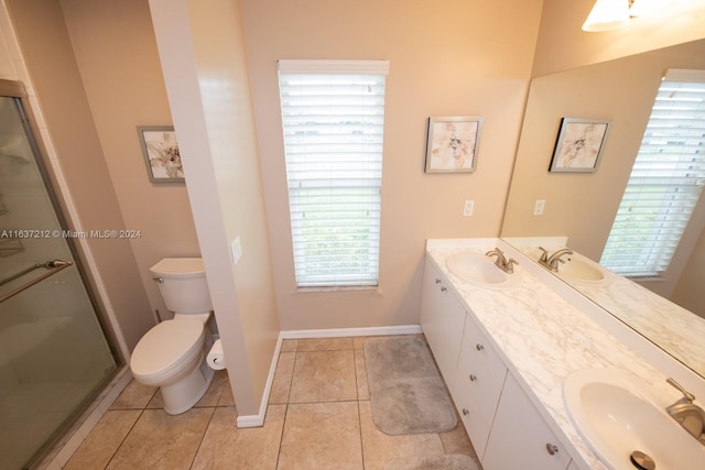 bathroom with tile patterned flooring, vanity, toilet, and walk in shower