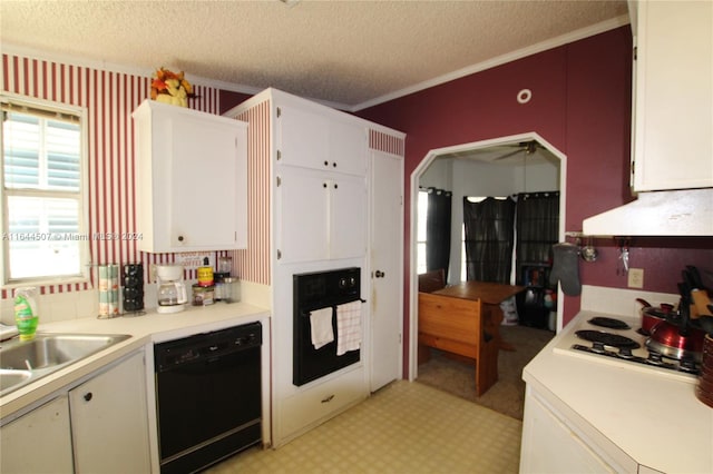 kitchen with premium range hood, white cabinets, light tile patterned floors, a textured ceiling, and black appliances