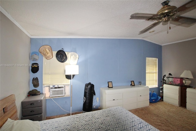 bedroom featuring ceiling fan, a textured ceiling, carpet floors, and lofted ceiling