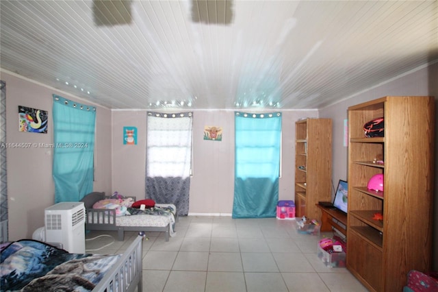 living room featuring wood ceiling and tile patterned floors