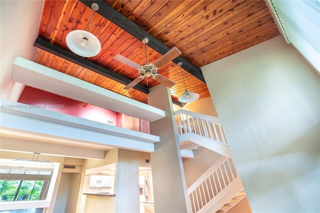 staircase featuring ceiling fan, beam ceiling, high vaulted ceiling, and wood ceiling