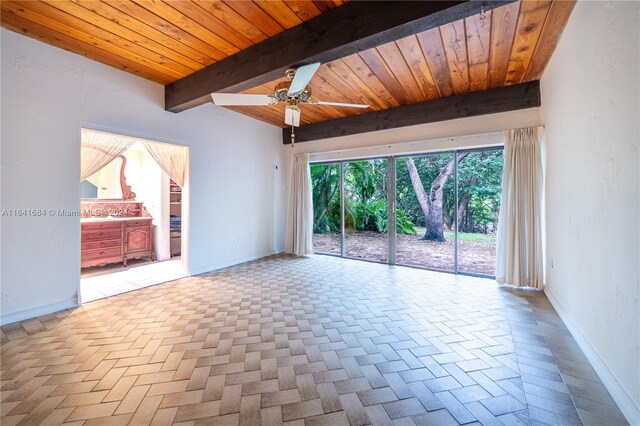 empty room with ceiling fan, beamed ceiling, and wood ceiling