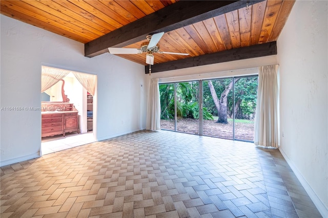 unfurnished living room with wood ceiling, beam ceiling, and baseboards