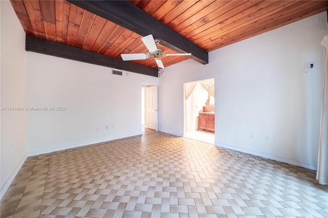 unfurnished room featuring beam ceiling, visible vents, a ceiling fan, wooden ceiling, and baseboards