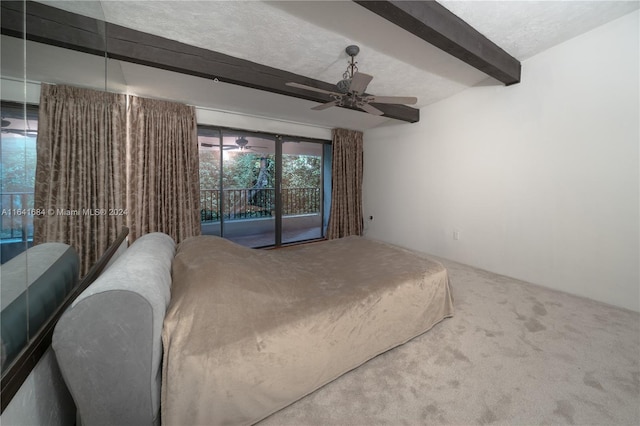 bedroom with a textured ceiling, carpet flooring, a ceiling fan, access to outside, and beam ceiling