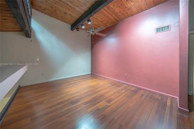 spare room featuring ceiling fan, vaulted ceiling with beams, wooden ceiling, and hardwood / wood-style flooring