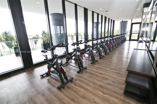 exercise room featuring floor to ceiling windows and dark hardwood / wood-style floors