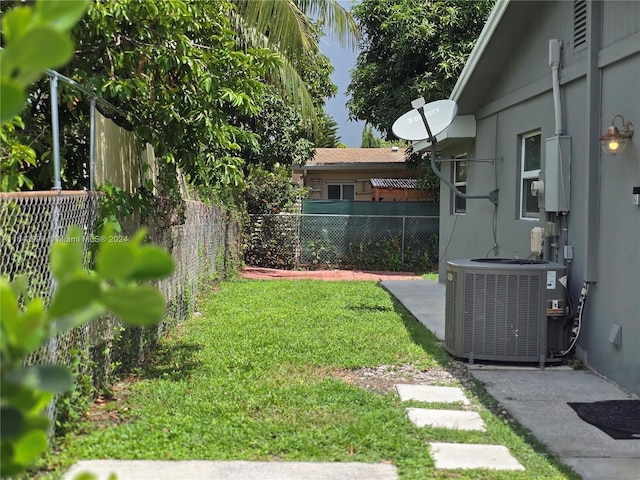 view of yard with central air condition unit and a fenced backyard