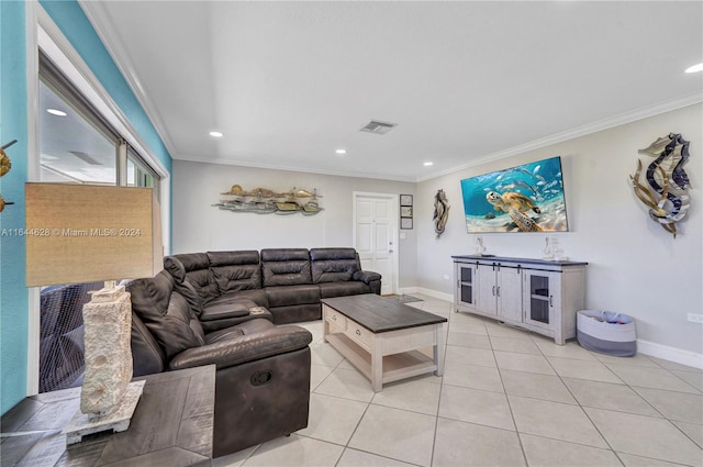 tiled living room featuring ornamental molding