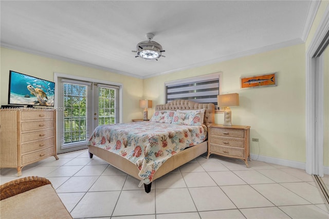 bedroom featuring ceiling fan, ornamental molding, access to outside, and light tile patterned floors