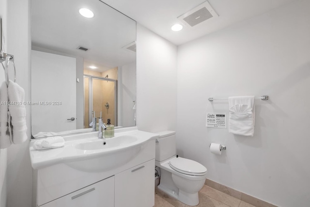 bathroom with tile patterned floors, visible vents, a shower stall, and toilet