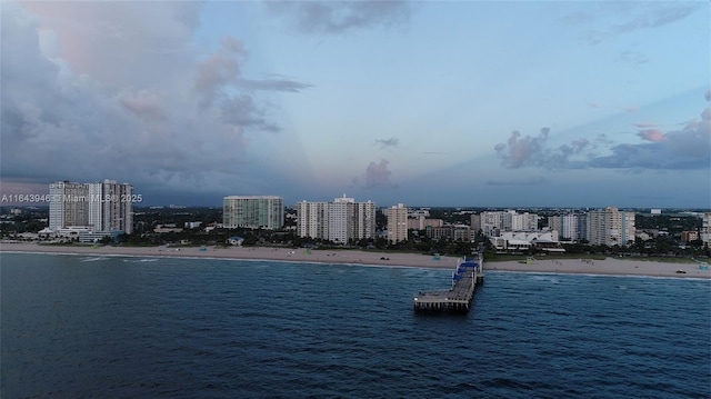 birds eye view of property featuring a beach view and a water view