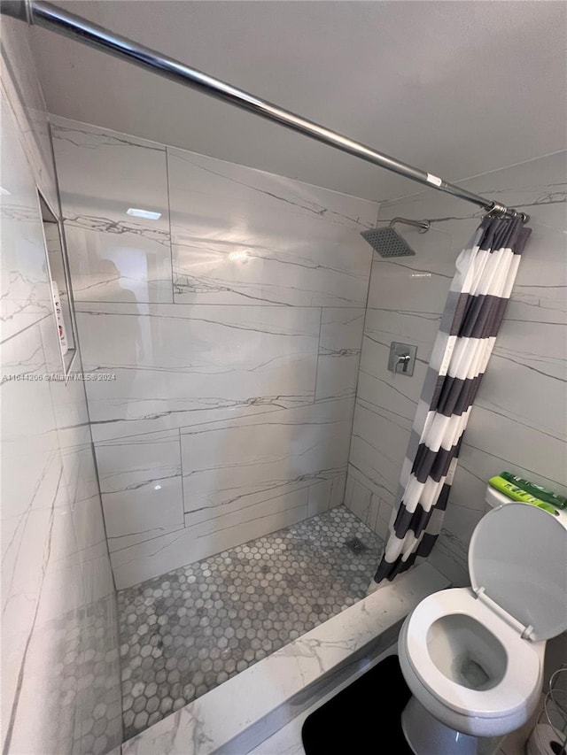 bathroom featuring toilet and a shower with shower curtain