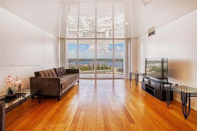 living room featuring expansive windows, light hardwood / wood-style floors, and a high ceiling