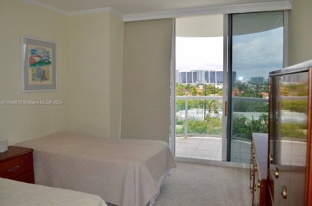 bedroom featuring carpet, multiple windows, access to outside, and crown molding