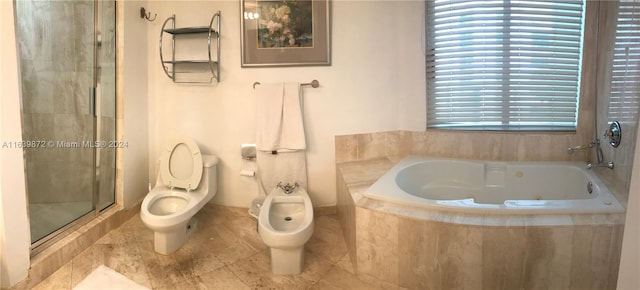 bathroom featuring shower with separate bathtub, tile patterned flooring, a bidet, and toilet