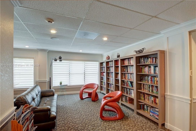 playroom with carpet flooring, a paneled ceiling, and ornamental molding