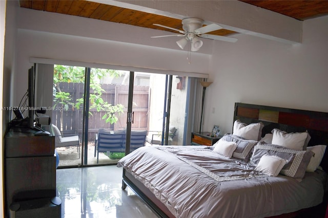 bedroom featuring ceiling fan, beamed ceiling, access to exterior, and wood ceiling