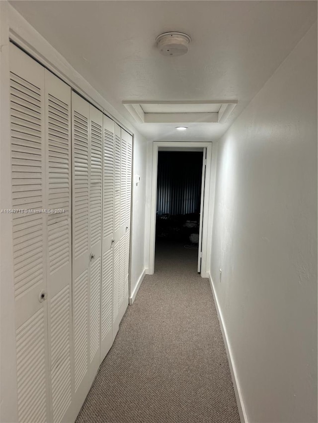 hall with carpet and a raised ceiling