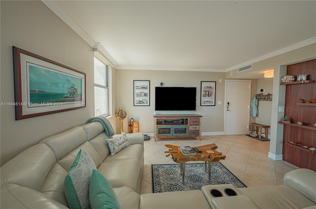 tiled living room with crown molding