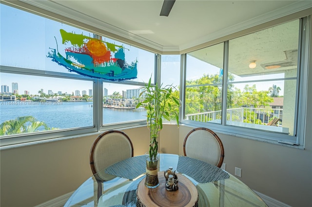 sunroom / solarium featuring a water view and a healthy amount of sunlight