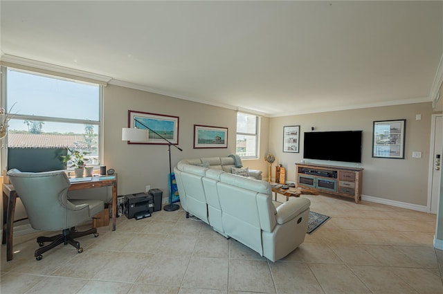 tiled living room with ornamental molding