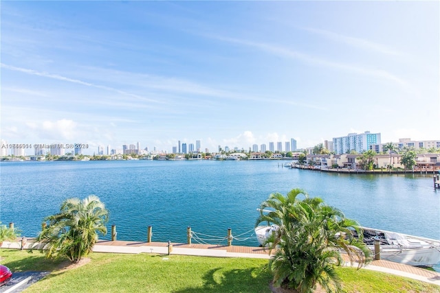 view of water feature with a boat dock