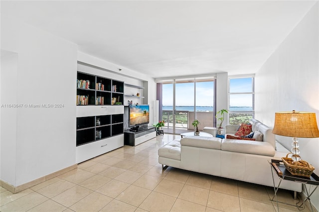 tiled living room with built in features and floor to ceiling windows