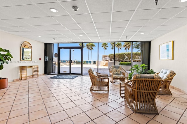 building lobby featuring a water view