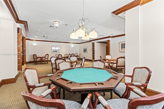 rec room featuring ornamental molding, carpet, and a notable chandelier