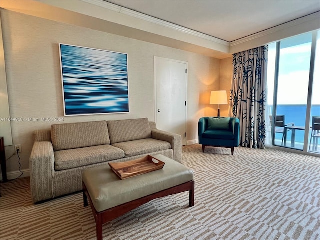 living room featuring a water view and ornamental molding