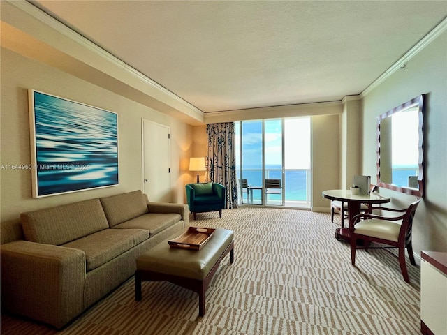 living room with a water view, light colored carpet, a textured ceiling, and ornamental molding