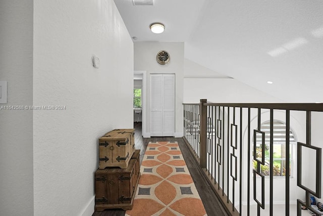 hallway with high vaulted ceiling, plenty of natural light, and dark wood-type flooring