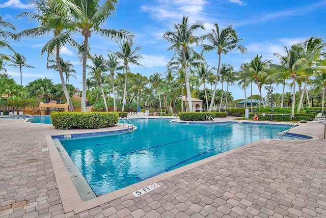 view of swimming pool featuring a patio area