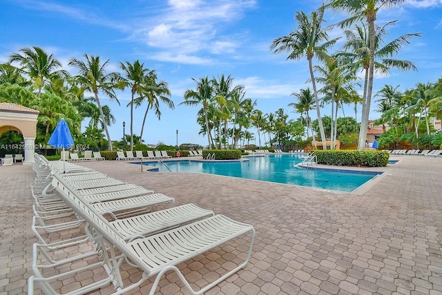 view of swimming pool featuring a patio