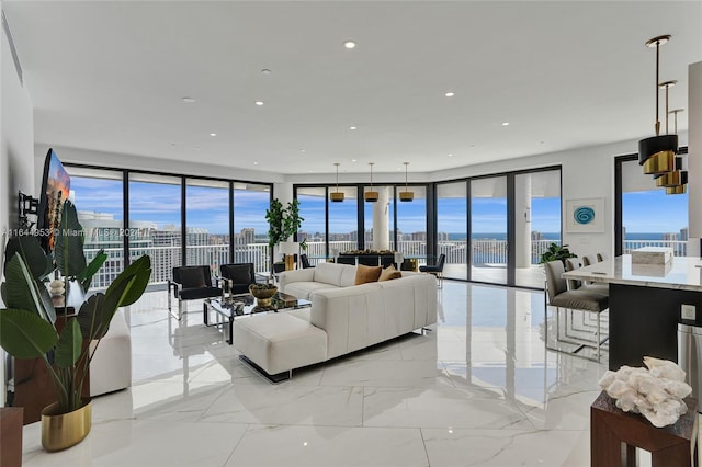 tiled living room with expansive windows