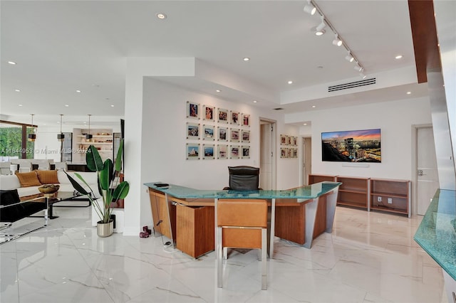 bar with marble finish floor, visible vents, track lighting, and recessed lighting