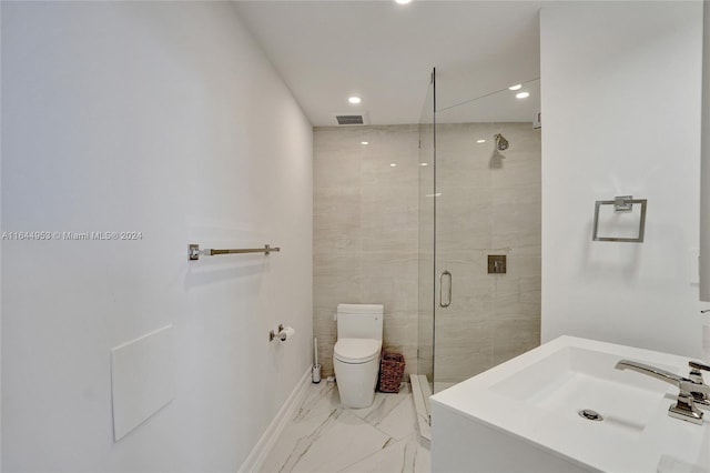 bathroom featuring sink, toilet, walk in shower, and tile patterned floors