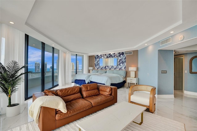 bedroom featuring marble finish floor, recessed lighting, visible vents, access to outside, and baseboards