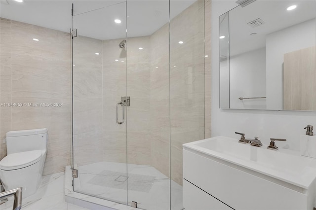 bathroom featuring tile walls, an enclosed shower, tile patterned floors, and toilet