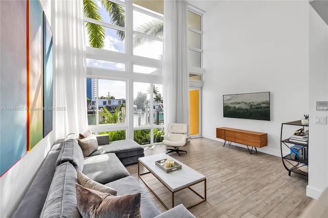 living room with light hardwood / wood-style floors and a high ceiling