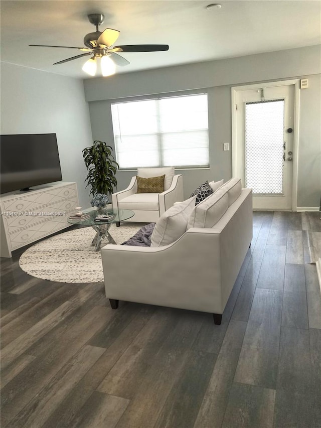 living room featuring ceiling fan and wood-type flooring