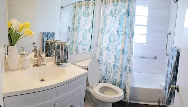 full bathroom featuring toilet, vanity, and shower / tub combo