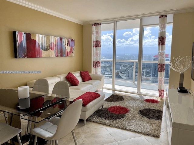 1850 S Ocean Dr Unit 3809, Hallandale Beach, FL 33009 - tiled living area featuring plenty of natural light, crown molding, and a wall of windows