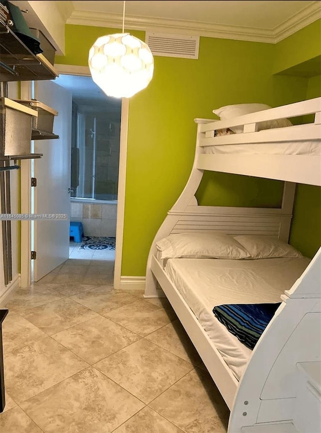1850 S Ocean Dr Unit 3809, Hallandale Beach, FL 33009 - bedroom featuring crown molding, light tile patterned floors, and a chandelier