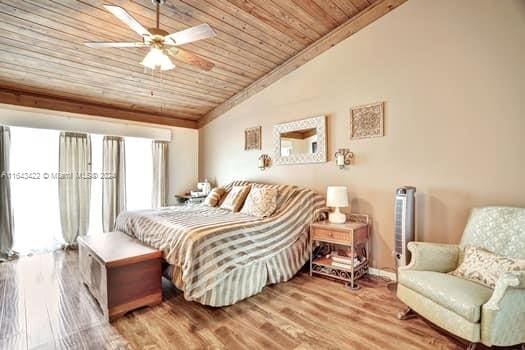 bedroom featuring lofted ceiling, ceiling fan, hardwood / wood-style floors, and wooden ceiling