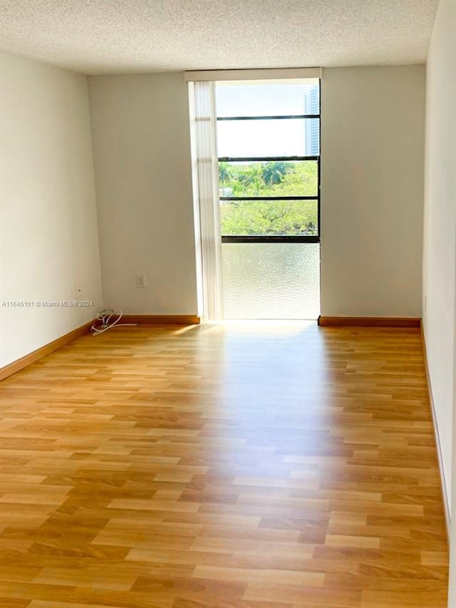 empty room featuring expansive windows, baseboards, a textured ceiling, and light wood finished floors