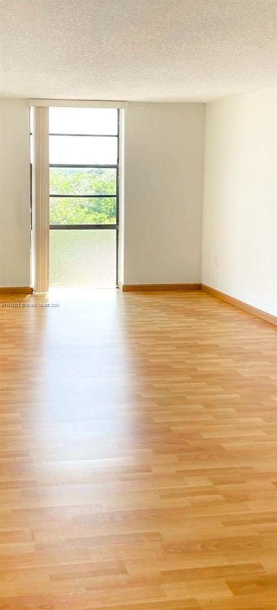 unfurnished room with light wood finished floors, baseboards, and a textured ceiling